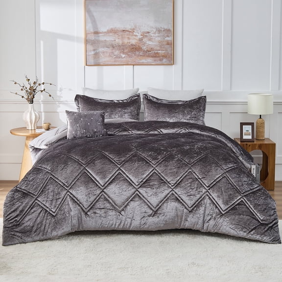 Regency Heights King/Cal King Size Comforter Sets, Velvet Bedding Comforter Set for All Seasons, Grey Bedding Set with Decor Pillow
