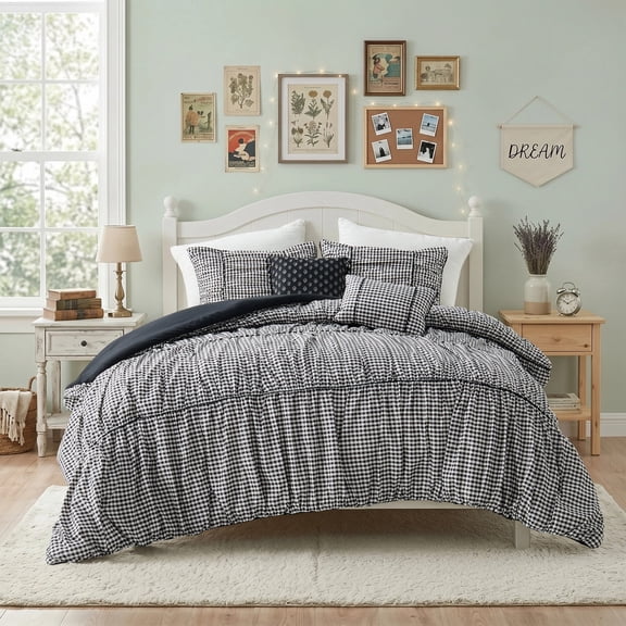 Regency Heights King Comforter Set 5 Pieces, Black Plaid Ruched Design with Decorative Pillows, Soft Microfiber Bedding Sets for All Seasons