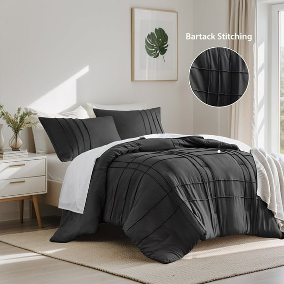 Regency Heights King Comforter Set, Boho 3-Piece Pintuck Stitching Bedding Set, Soft Washed Pleated Bed Sets with Pillow Sham Black