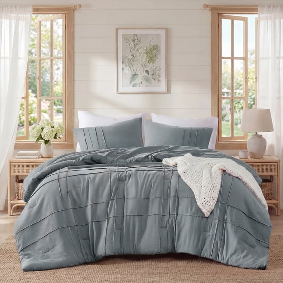 Regency Heights King Comforter Set, Boho 3-Piece Pintuck Stitching Bedding Set, Soft Washed Pleated Bed Sets with Pillow Sham Blue/Grey
