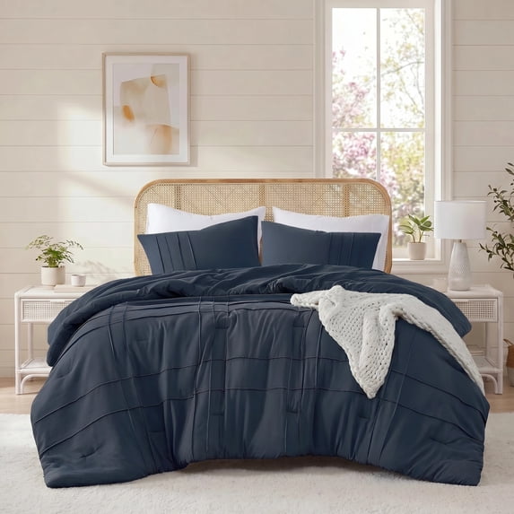 Regency Heights King Comforter Set, Boho 3-Piece Pintuck Stitching Bedding Set, Soft Washed Pleated Bed Sets with Pillow Sham Navy