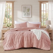 Regency Heights King Comforter Set, Boho 3-Piece Pintuck Stitching Bedding Set, Soft Washed Pleated Bed Sets with Pillow Shams, Rose Pink