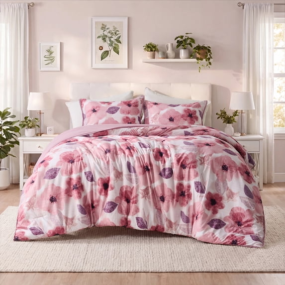 Regency Heights King Comforter Sets, 3 Pieces Reversible Floral Bedding Sets, Cozy Botanical Flowers Seersucker Comforter Bed Set with Pillow Sham, Mauve