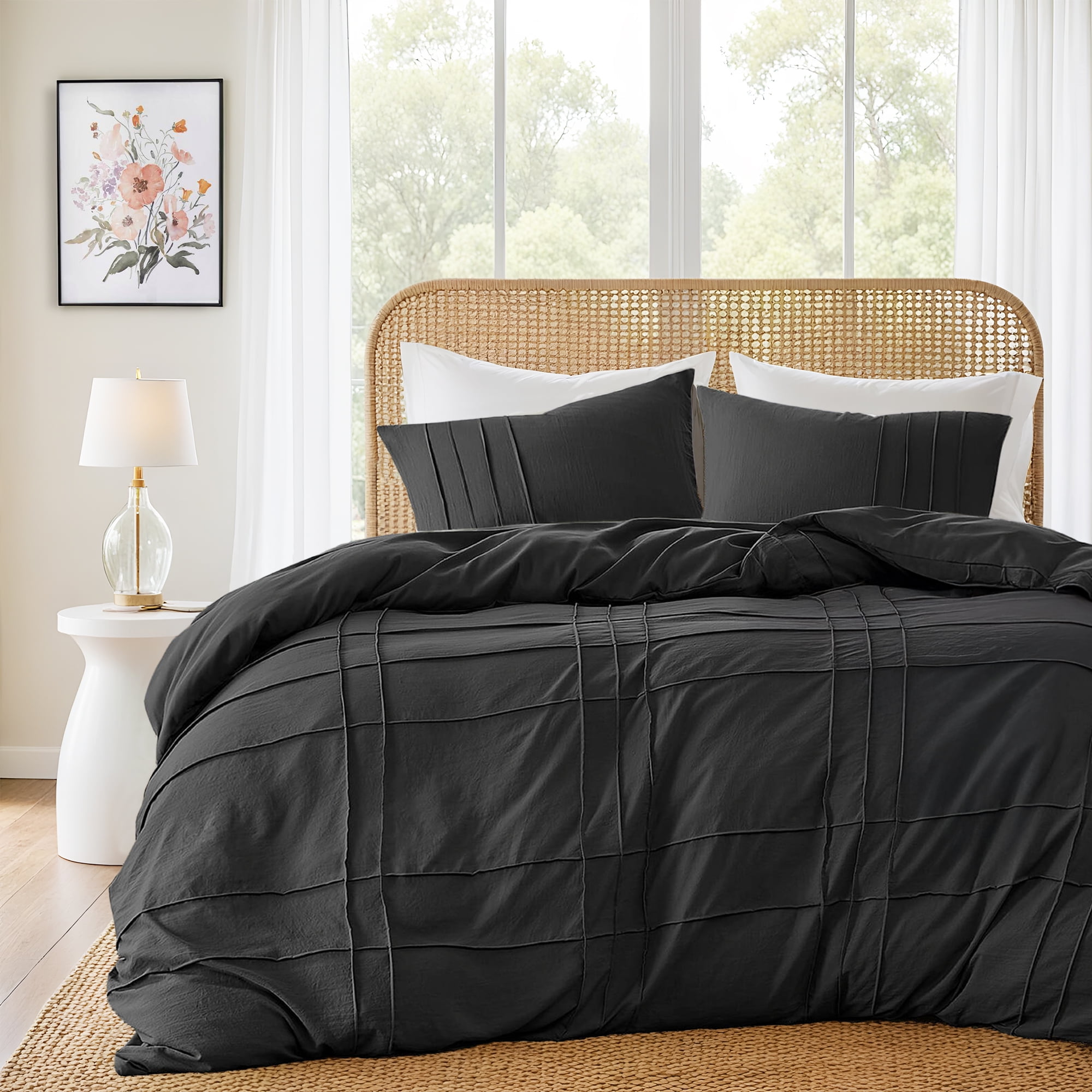 Black King Size Pintuck Pleated Microfiber Duvet Cover Set