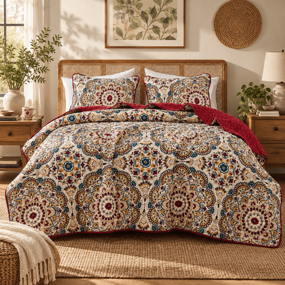 Regency Heights King Quilt Set, 3-Piece Reversible Bedspread Coverlet Set, Red Quilted Bedding Set with Shams for All Season