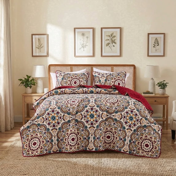 Regency Heights King Quilt Set, 3-Piece Reversible Bedspread Coverlet Set, Red Quilted Bedding Set with Shams for All Season