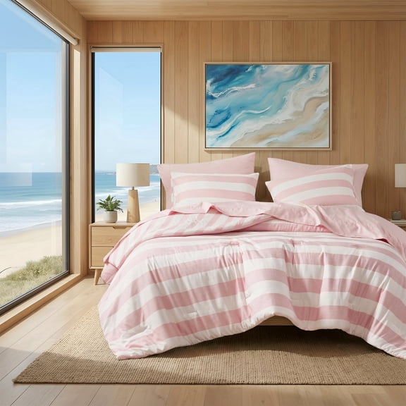 Regency Heights Essential King Size Comforter Sets, 3-Piece Bedding Set King, Reversible Striped Comforter Bed Set, Blush