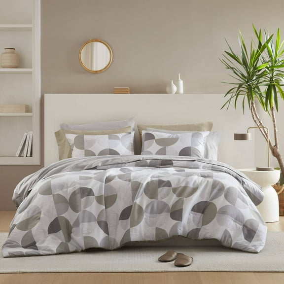 Regency Heights King Size Comforter Set, 9-Piece Bed in a Bag King, Round Geometric Print Bedding Comforter Set with Sheets, Tan/Gray