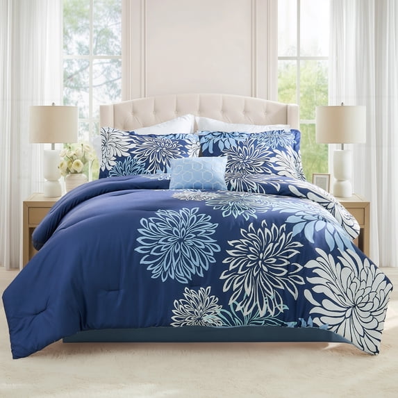 Regency Heights King Size Comforter Set, 5-Piece Floral Bedding Set for All Season, Blue Comforter Set King with Bed Skirt