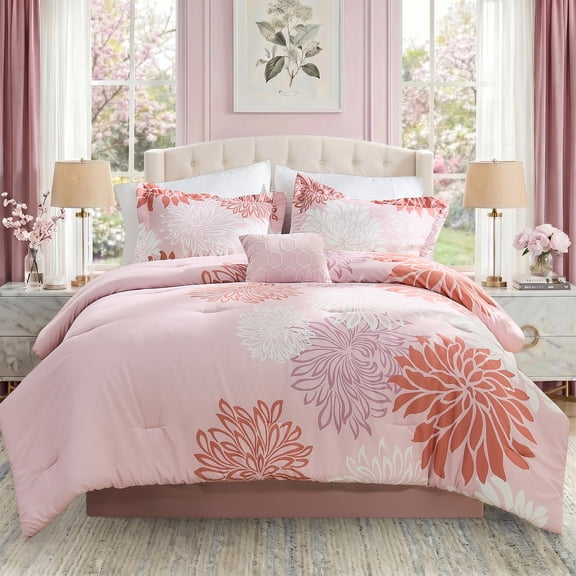 Regency Heights King Size Comforter Set, 5-Piece Floral Bedding Set for All Season, Pink Comforter Set King with Bed Skirt