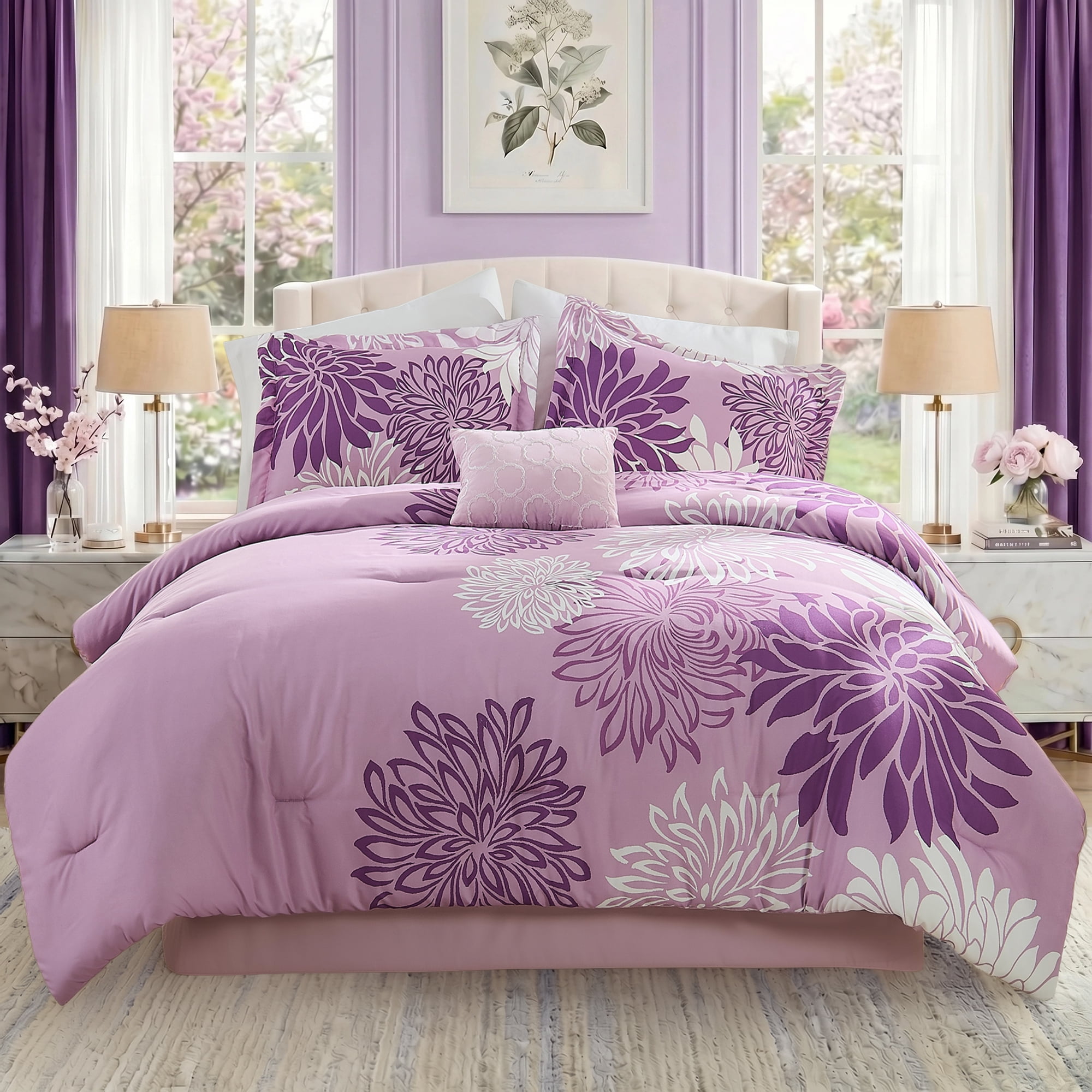 Regency Heights King Size Comforter Set, 5-Piece Floral Bedding Set for All Season, Purple Comforter Set King with Bed Skirt