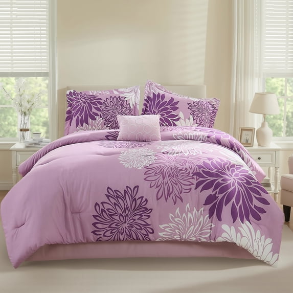 Regency Heights King Size Comforter Set, 5-Piece Floral Bedding Set for All Season, Purple Comforter Set King with Bed Skirt