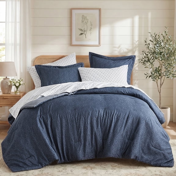 Regency Heights King Size Comforter Set, 7-Piece Reversible Bed in a Bag with Sheets, Navy