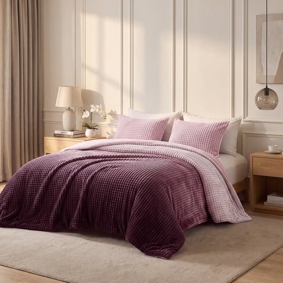 Regency Heights King Size Comforter Set, Fluffy Bubble Plush Comforter Set, 3-Piece Bedding Set, Mauve Ombre