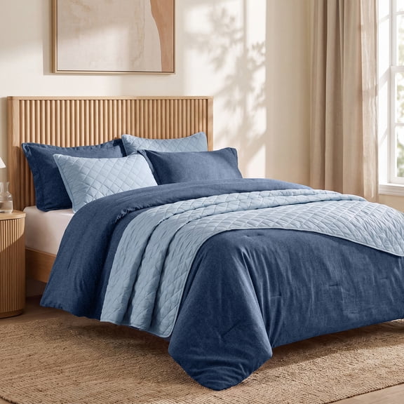 Regency Heights King Size Comforter Set with Quilt, 6-Piece Bed in a Bag Comforter and Quilt Coverlet Bedding Bundle, Navy Comforter Set with Quilted Bedspread with Shams for All Season