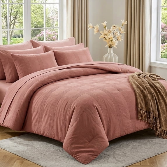 Regency Heights King Size Comforter Set β Clay Striped Woven Bed in a Bag, 9-Piece Bedding set with Sheets, Machine Washable for All Seasons