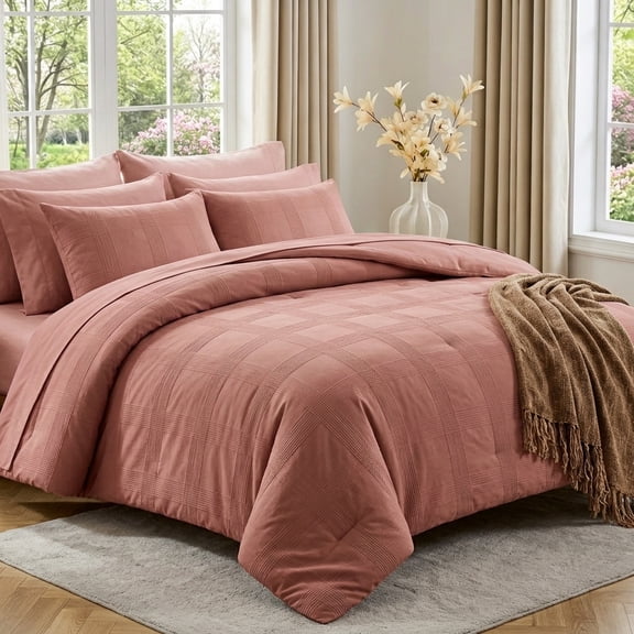 Regency Heights King Size Comforter Set – Clay Striped Woven Bed in a Bag, 9-Piece Bedding set with Sheets, Machine Washable for All Seasons