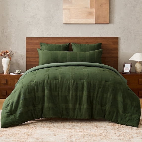Regency Heights King Size Comforter Set – Green Striped Woven Bedding, 4-Piece Bed set with Body Pillow Sham, Machine Washable for All Seasons