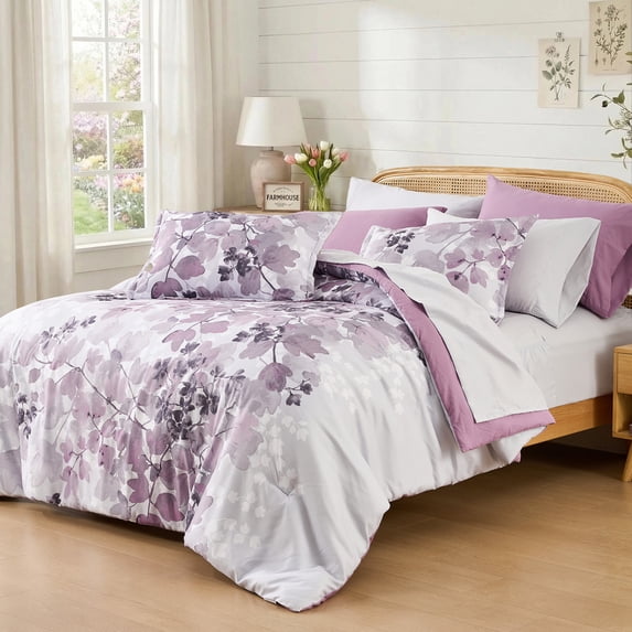 Regency Heights King Size Comforter Sets, Purple Bed in a Bag King, Botanical Bedding Comforter Set with Bed Sheets and Side Pockets, 9 Pieces