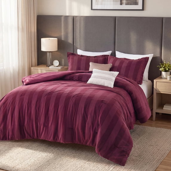 Regency Heights King Size Velvet Striped Comforter Set, 5-Piece Luxury Comforter Bed Set for All Seasons, Burgundy Cozy Bedding Sets with Decor Pillows