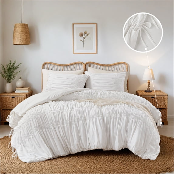 Regency Heights King Soft Washed Comforter Set, Ruched Striped Dorm Bedding Sets, 3-Piece White French Country Comforter Bed Set with Bow Ties and Sham for All Season