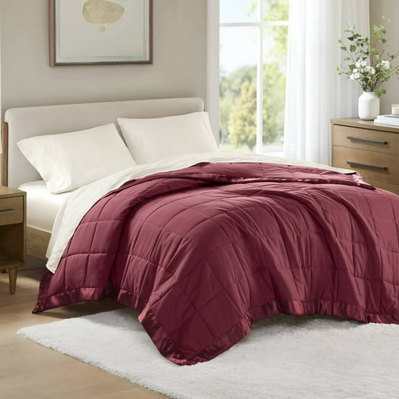 Madison Park Lightweight Down Alternative Blanket, Cozy Bed Blanket with Satin Trim, Twin, Burgundy