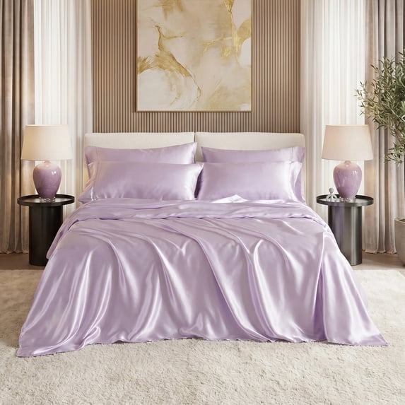 Regency Heights Lilac Satin Sheet Set Full Size, 6-Piece Silky Bed Sheets with 16" Deep Pocket Fitted Sheet