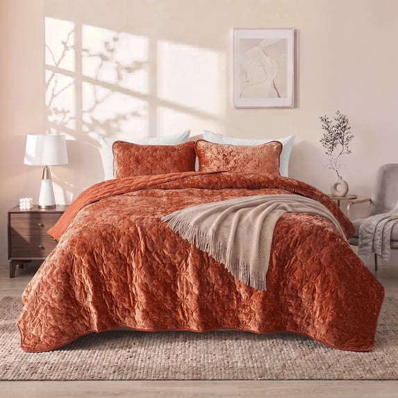 Regency Heights Velvet Quilt Set, 3-Piece Quilted Coverlet Bedding Set with Matching Shams, Soft All Season Bedspread, King, Burnt Orange