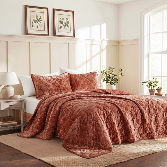 Regency Heights Velvet Quilt Set, 3-Piece Luxury Bedspread with 2 Shams, Ultra Soft Reversible Microfiber, All Season Lightweight Bedding, Orange, Queen