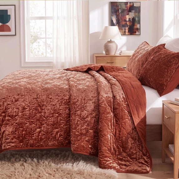 Regency Heights Velvet Quilt Set, King Size 3-Piece Floral Quilted Coverlet Bedding Set with Pillow Shams, Lightweight All Season Bedspread, Soft Velvet Bedding, Burnt Orange