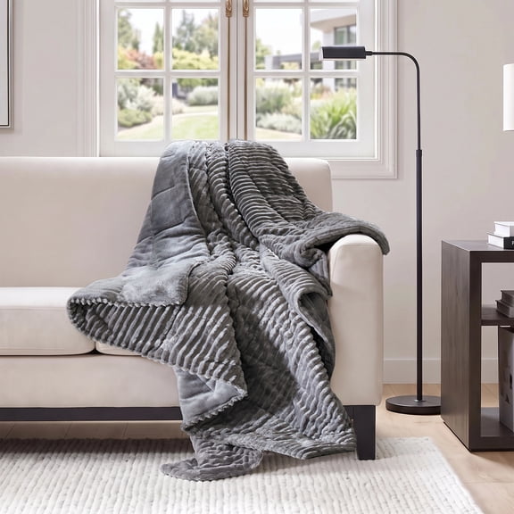 Regency Heights Oversized Plush Down Alternative Filled Throw Blanket, Ultra-soft Ribbed Plush Throw for Couch, Soft Fuzzy Plush Blanke for All Season, Grey, 60" x 70"