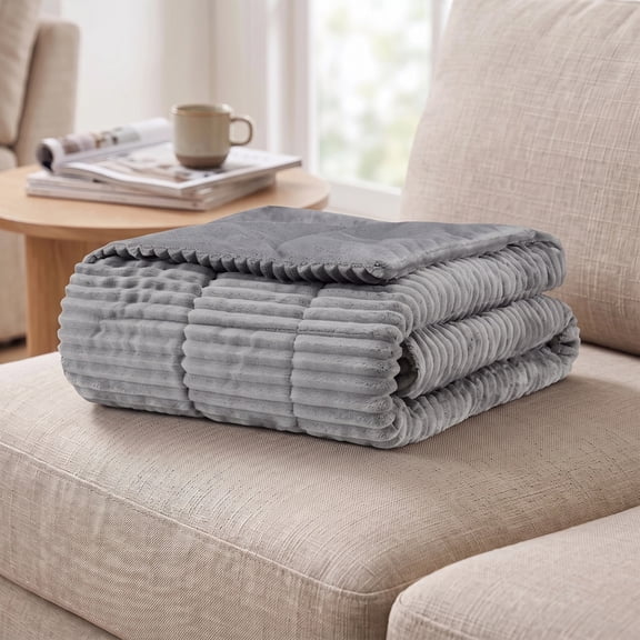 Regency Heights Oversized Plush Down Alternative Filled Throw Blanket, Ultra-soft Ribbed Plush Throw for Couch, Soft Fuzzy Plush Blanke for All Season, Grey, 60" x 70"