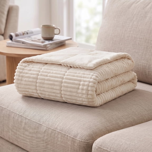 Regency Heights Oversized Plush Down Alternative Filled Throw Blanket, Ultra-soft Ribbed Plush Throw for Couch, Soft Fuzzy Plush Blanke for All Season, Ivory, 60" x 70"