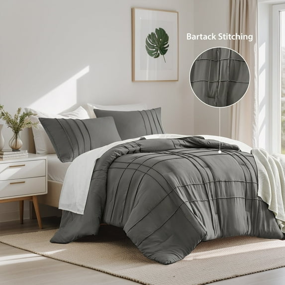 Regency Heights Queen Comforter Set, Boho 3-Piece Pintuck Stitching Bedding Set, Soft Washed Pleated Bed Sets with Pillow Sham Grey