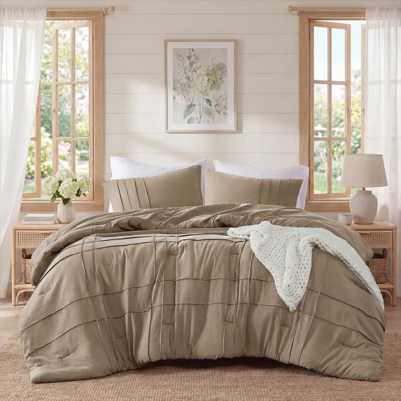 Regency Heights Queen Comforter Set, Boho 3-Piece Pintuck Stitching Bedding Set, Soft Washed Pleated Bed Sets with Pillow Sham Khaki