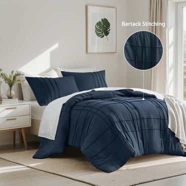Regency Heights Queen Comforter Set, Boho 3-Piece Pintuck Stitching Bedding Set, Soft Washed Pleated Bed Sets with Pillow Sham Navy