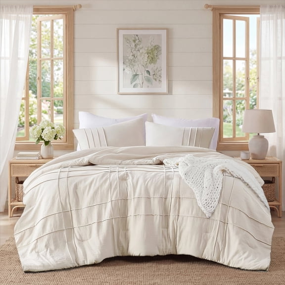 Regency Heights Queen Comforter Set, Boho 3-Piece Pintuck Stitching Bedding Set, Soft Washed Pleated Bed Sets with Pillow Sham Neutral
