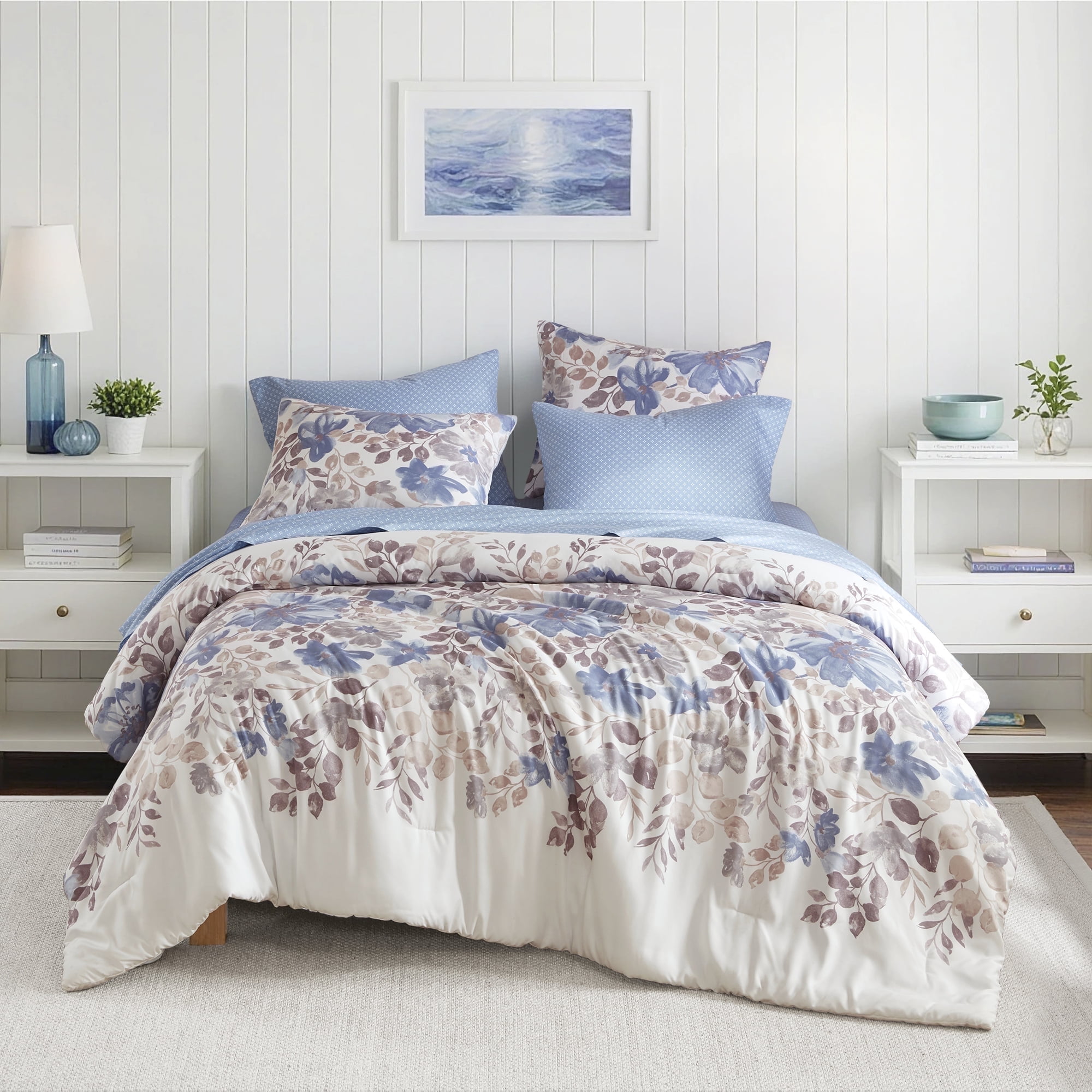 Regency Heights Queen Comforter Set with Sheets, Soft Brushed Bed in A Bag with Diamond Printed Bed Sheets, 7 Piece Bedding Sets with Flat Sheet and Fitted Sheet, Blue