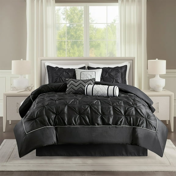Regency Heights Queen Comforter Sets, 7-Piece Tufted Pintuk Bed in a Bag Bed Set, Satin Luxury Black Comforter Bedding Set with Decor Pillow