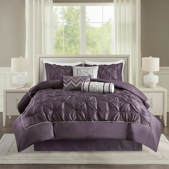 Regency Heights Queen Comforter Sets, 7-Piece Tufted Pintuk Bed in a Bag Bed Set, Satin Luxury Plum Comforter Bedding Set with Decor Pillow