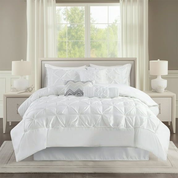 Regency Heights Queen Comforter Sets, 7-Piece Tufted Pintuk Bed in a Bag Bed Set, Satin Luxury White Comforter Bedding Set with Decor Pillow