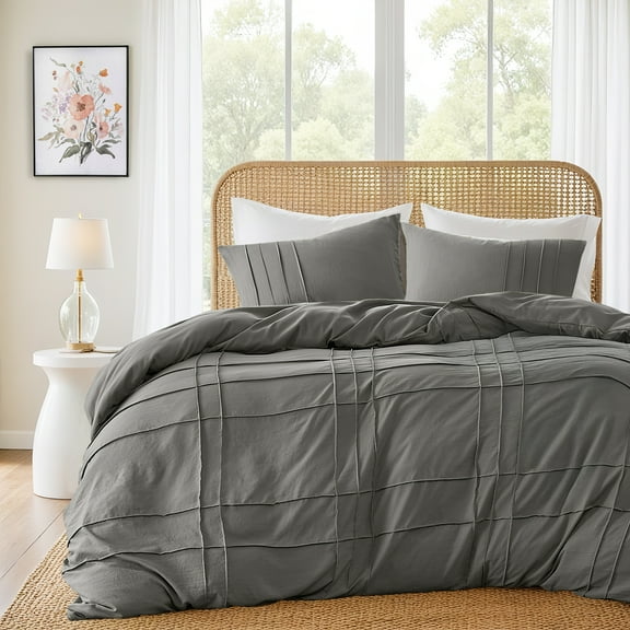 Regency Heights Queen Duvet Cover Set, Soft Washed Pleated Duvet Cover Queen, 3-Piece Bedding Set with Pillow Shams, Grey
