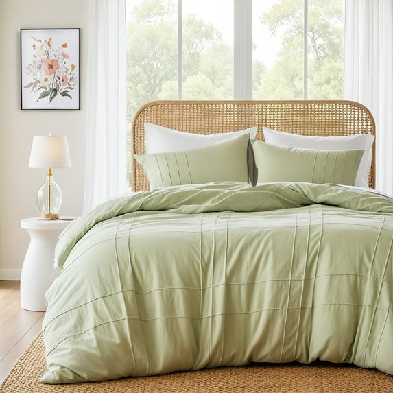 Regency Heights Queen Duvet Cover Set, Soft Washed Pleated Duvet Cover Queen, 3-Piece Bedding Set with Pillow Shams, Sage
