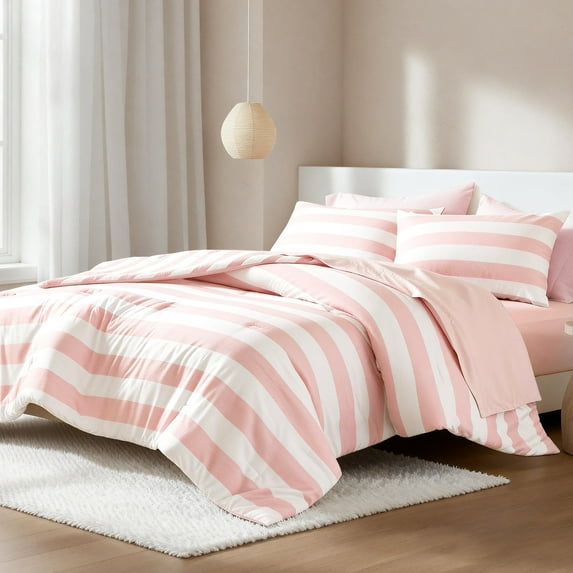 Regency Heights Essential Queen Size Comforter Sets, 7-Piece Bed in a Bag Queen, Reversible Striped Comforter Bed Set with Sheets, Blush