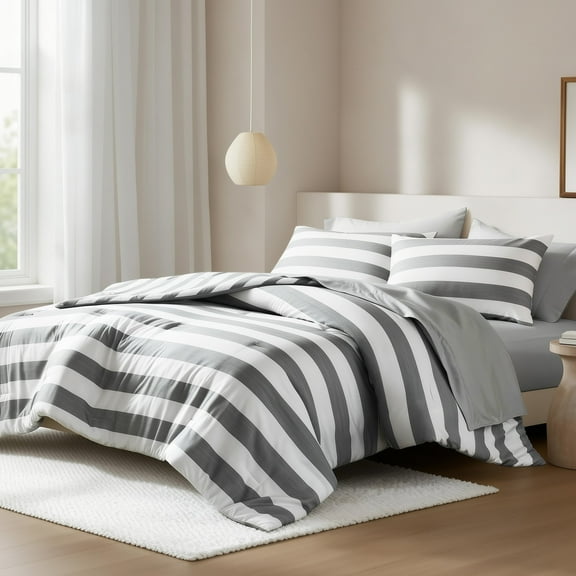 Regency Heights Queen Size Comforter Sets, 7-Piece Bed in a Bag Queen, Reversible Striped Comforter Bed Set with Sheets, Charcoal
