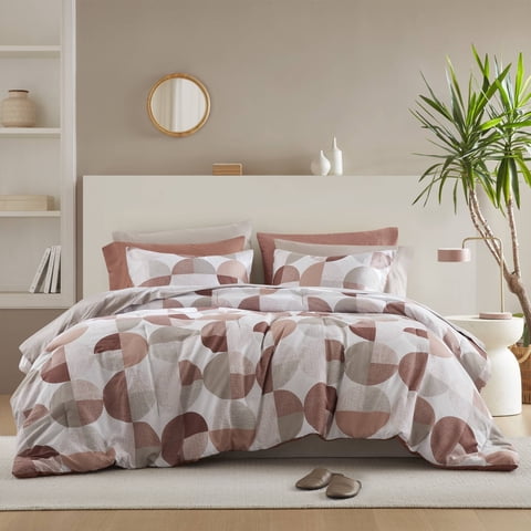 Regency Heights Queen Size Comforter Set, 9-Piece Bed in a Bag Queen, Round Geometric Print Bedding Comforter Set with Sheets, Terracotta