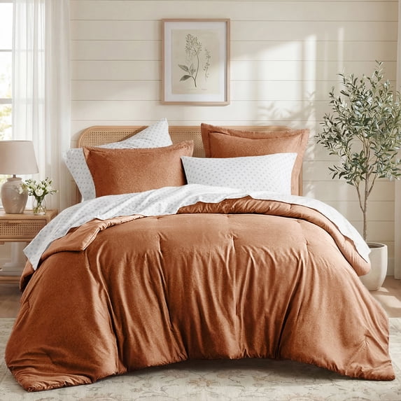 Regency Heights Queen Size Comforter Set, 7-Piece Reversible Bed in a Bag with Sheets, Burnt Orange