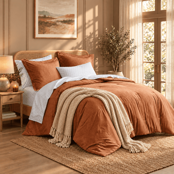 Regency Heights Queen Size Comforter Set, 7-Piece Reversible Bed in a Bag with Sheets, Burnt Orange