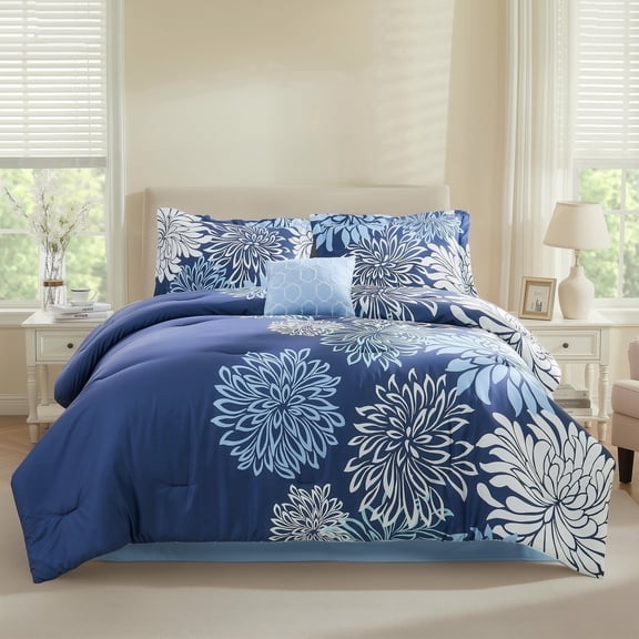 Regency Heights Queen Size Comforter Set, 5-Piece Floral Bedding Set for All Season, Blue Comforter Set Queen with Bed Skirt