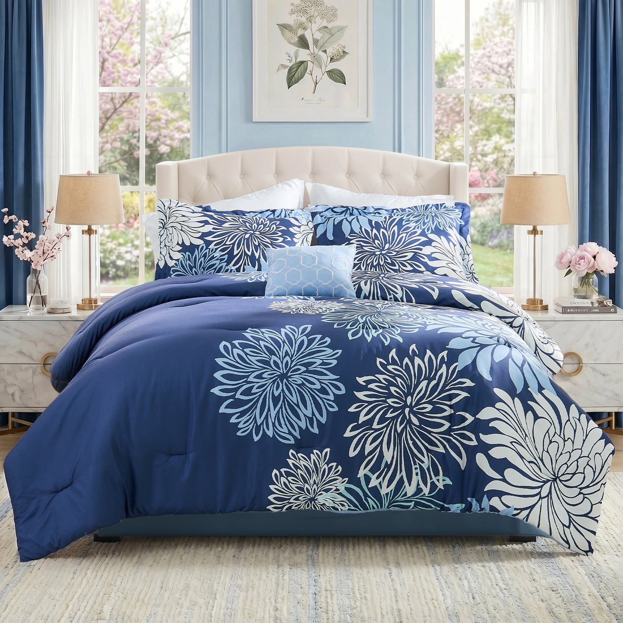 Regency Heights Queen Size Comforter Set, 5-Piece Floral Bedding Set for All Season, Blue Comforter Set Queen with Bed Skirt